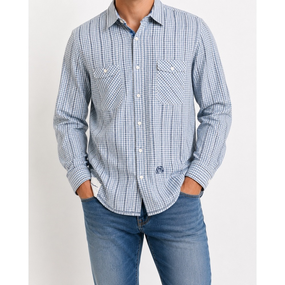 John Lennon Mens Blue Gingham Striped Long Sleeve Button Down Shirt Cotton XL